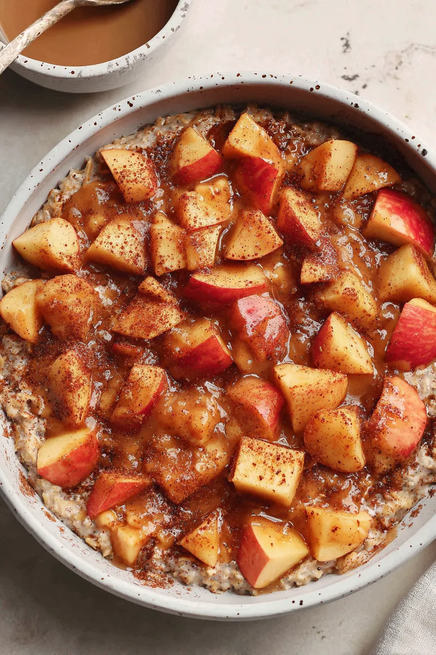 Creamy apple cinnamon oatmeal in a ceramic bowl