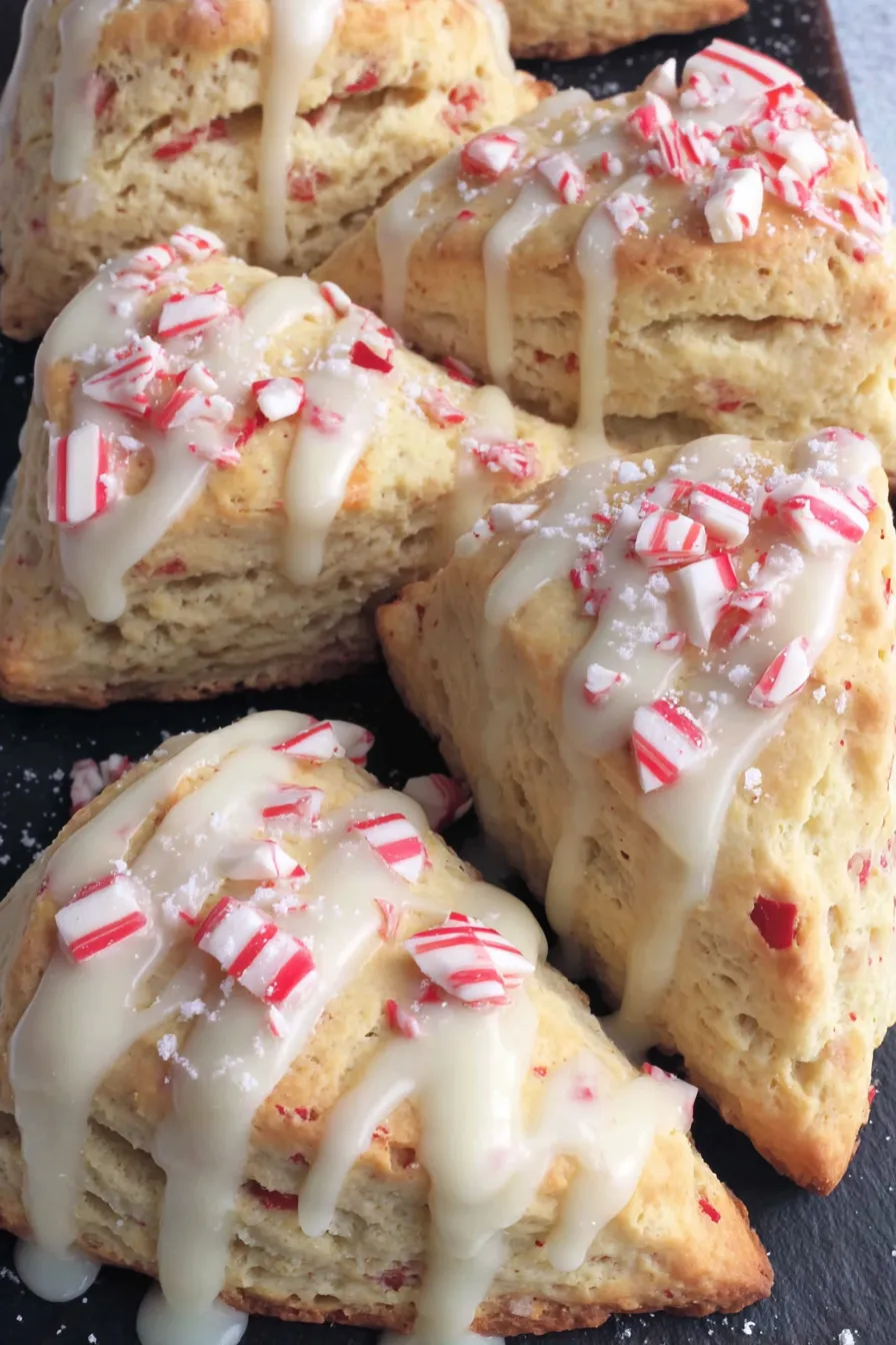 Freshly baked peppermint white chocolate scones on parchment