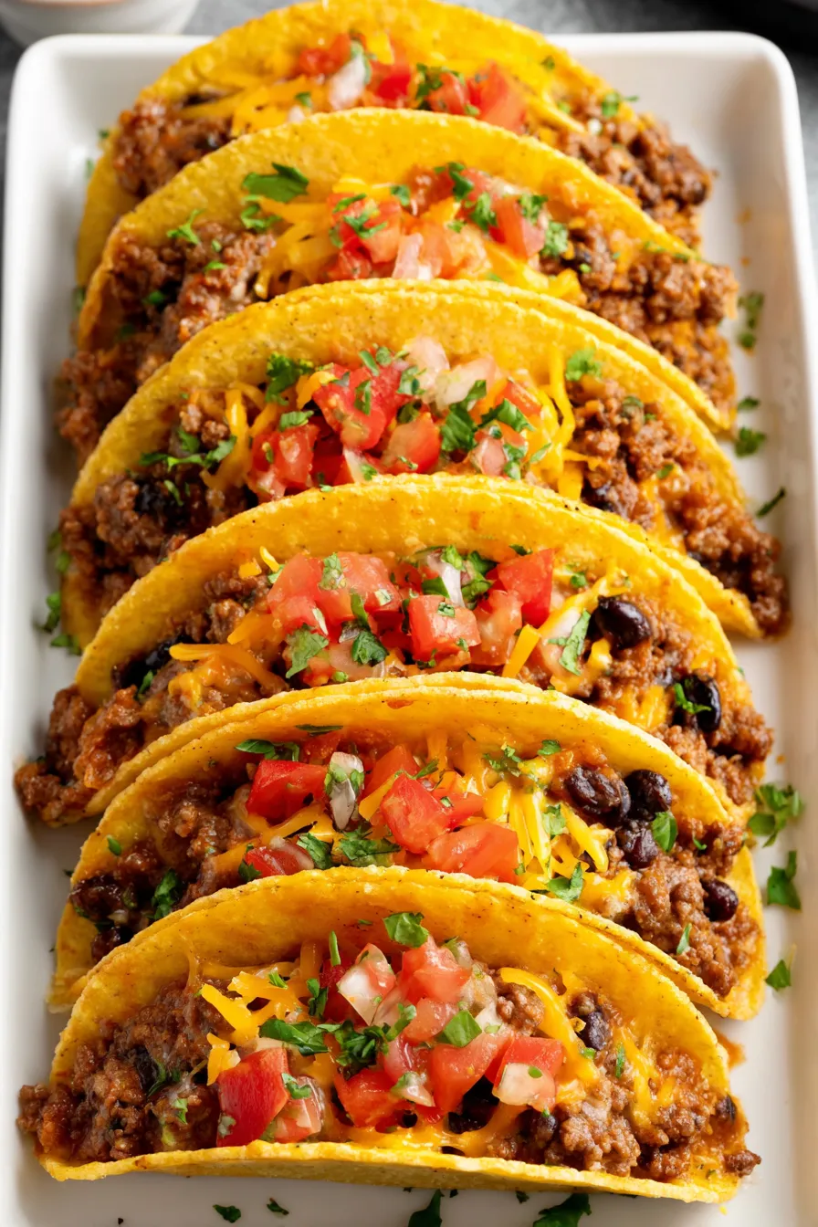 Close-up of baked tacos topped with avocado and salsa