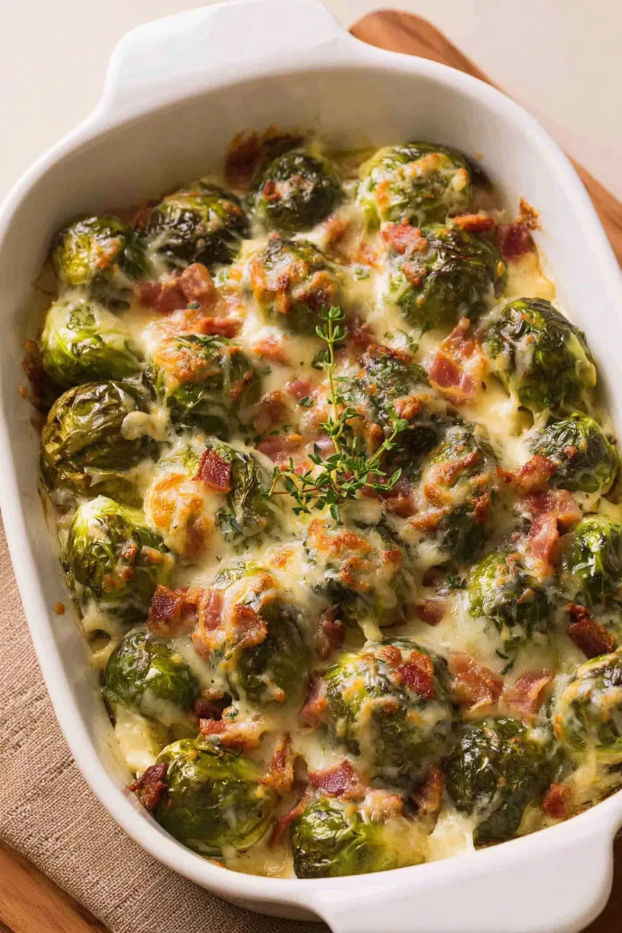 Brussels sprouts gratin bubbling in a casserole dish