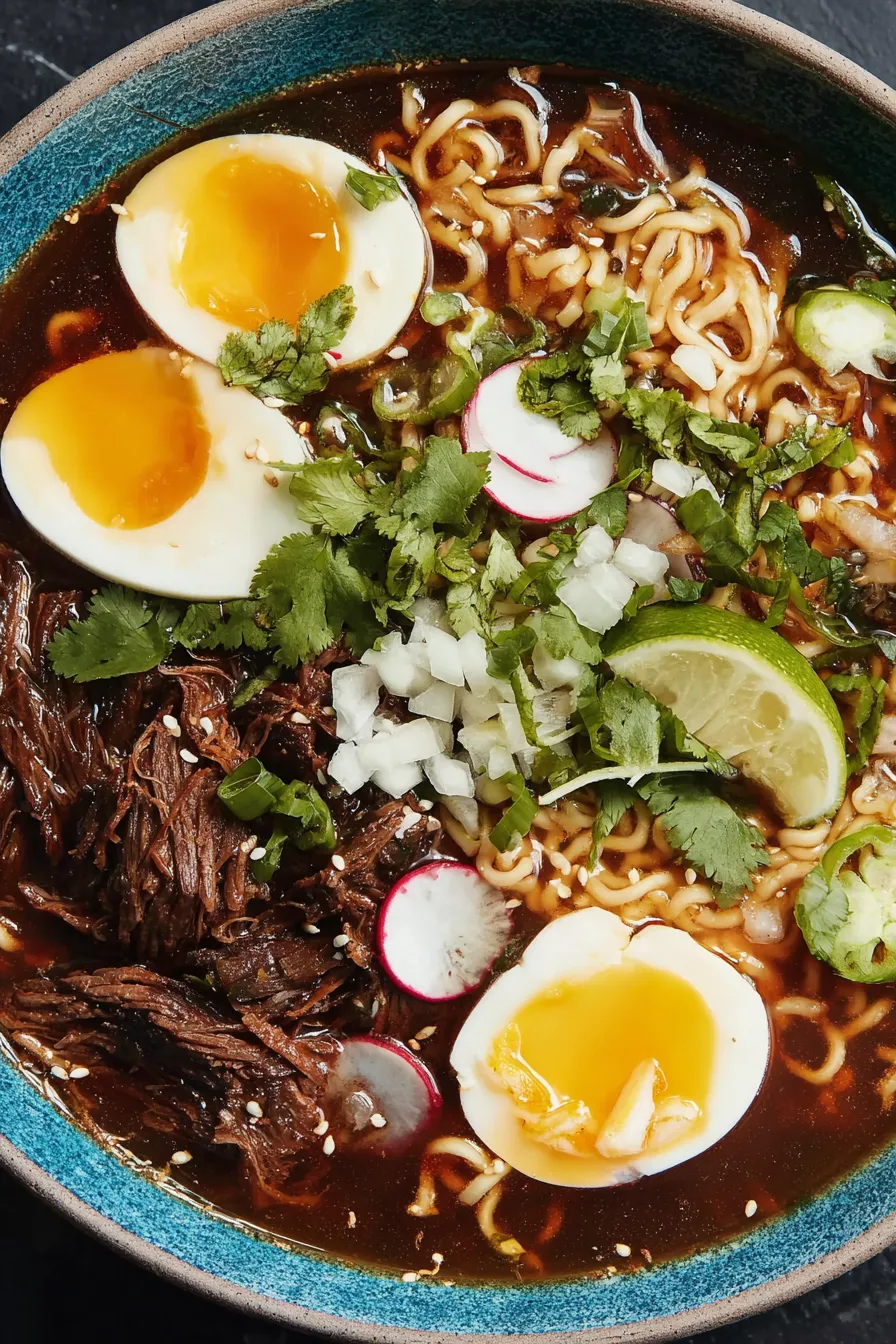 Close-up of birria ramen with egg and cilantro