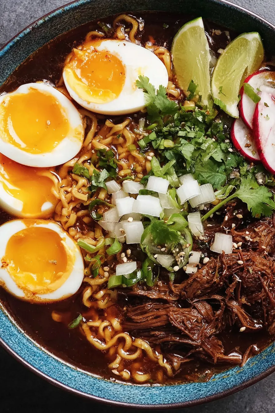 Overhead view of birria ramen bowl with garnishes