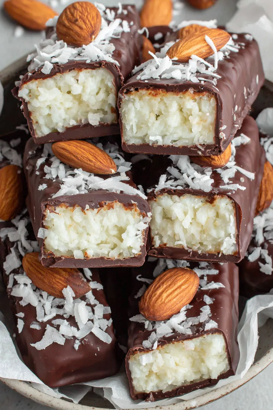 Stacked Almond Joy style bars, side view