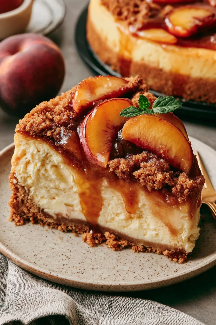 Sliced peach cobbler cheesecake on plate