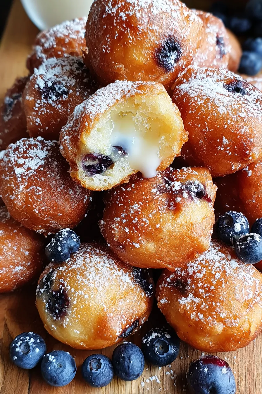 Close-up of a blueberry fritter bite with powdered sugar