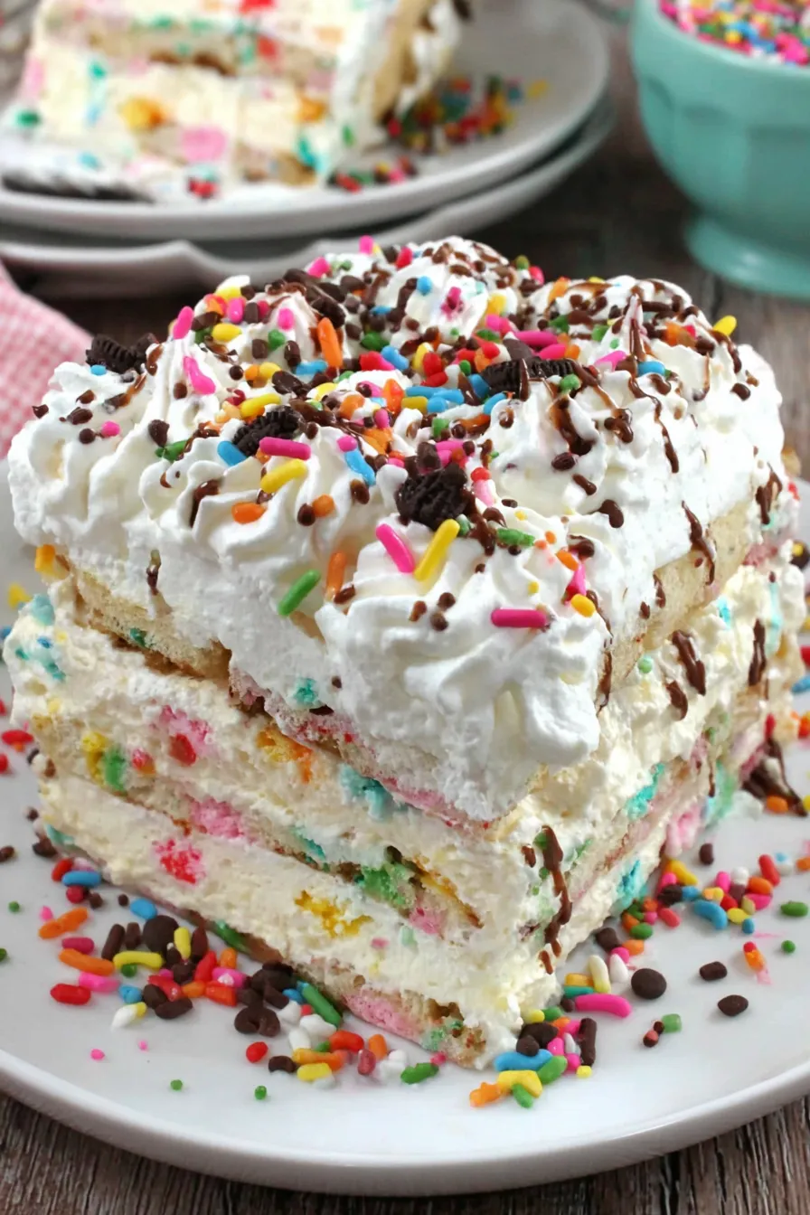 Layered Funfetti icebox cake in pan