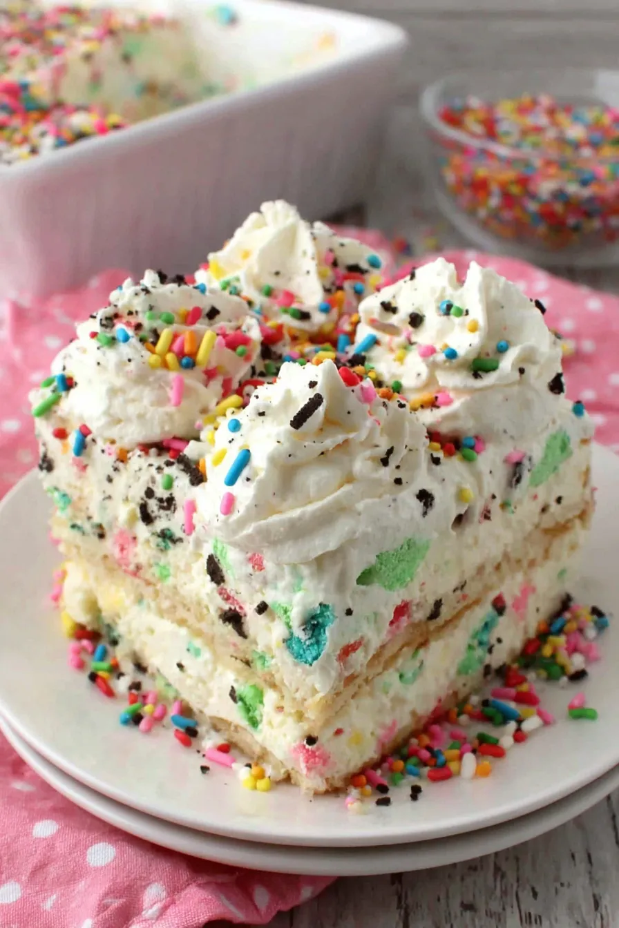 Slice of Funfetti icebox cake plated