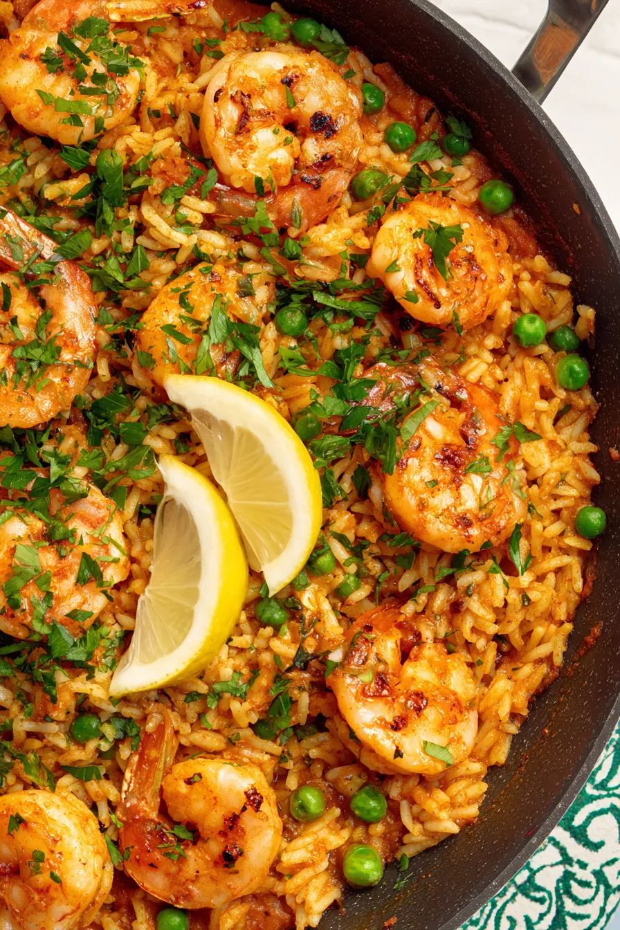 Garlic butter shrimp sizzling in skillet over rice