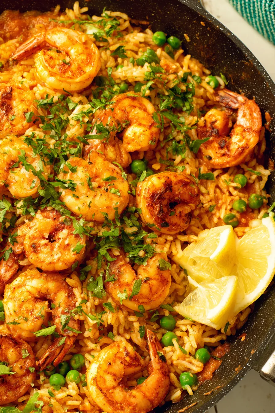 Plated garlic butter shrimp and rice garnished with parsley and lemon