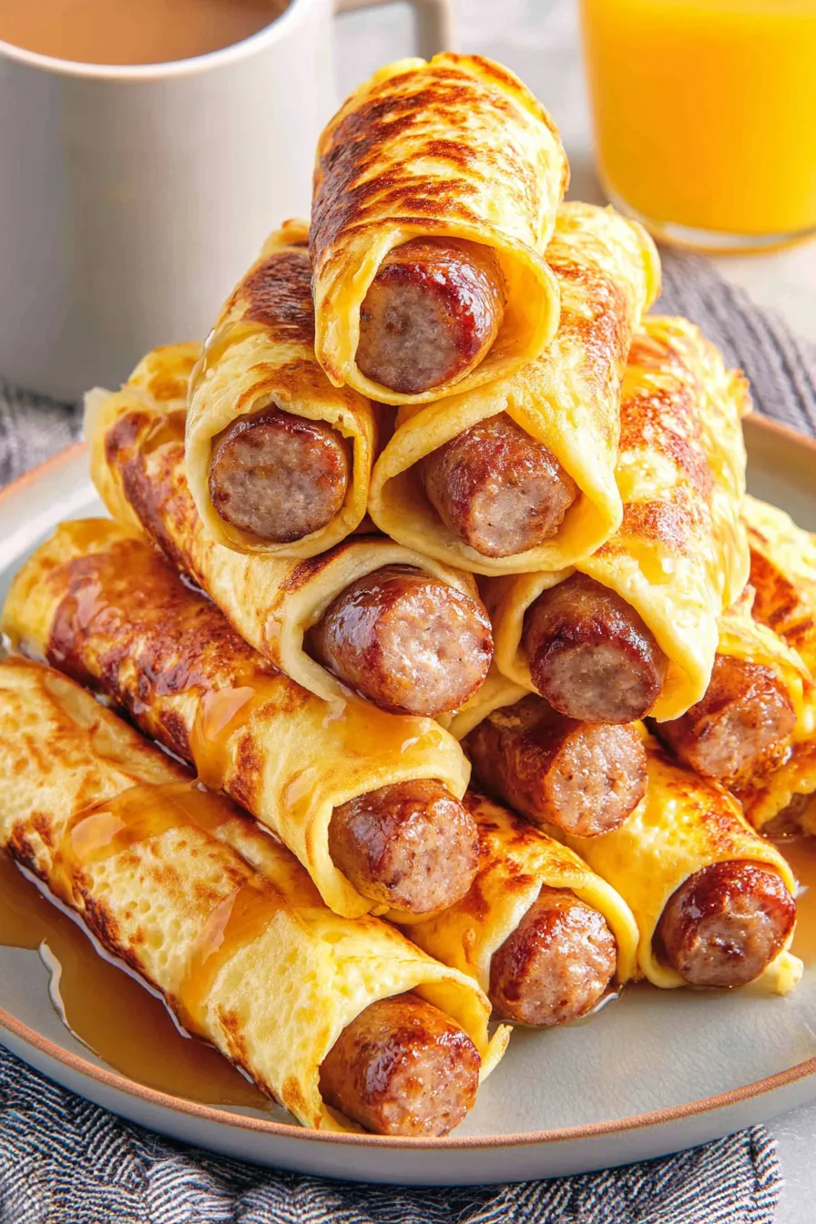 Platter of breakfast pigs in a blanket with syrup bowl