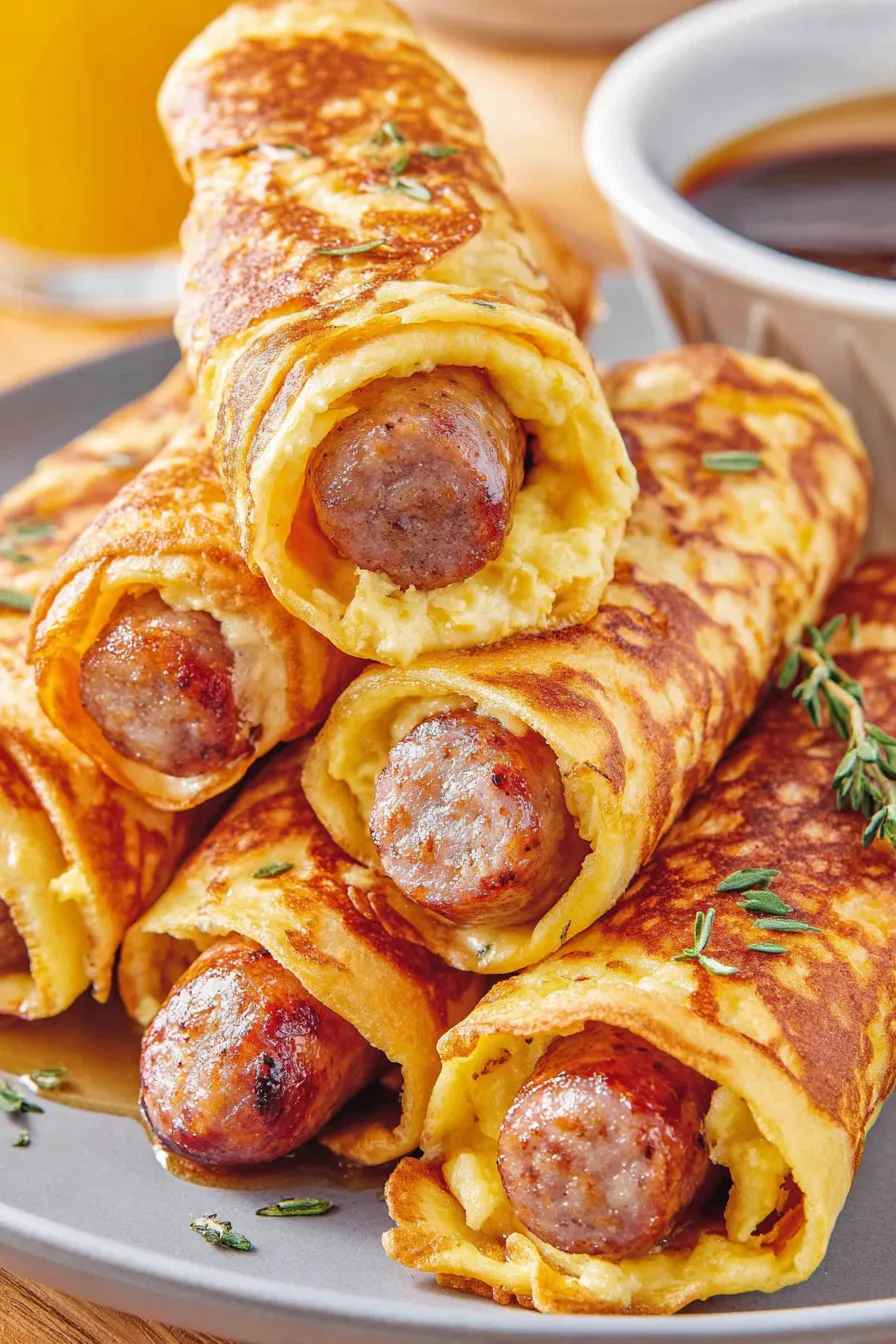 Close up of pancake-wrapped breakfast sausages on a plate
