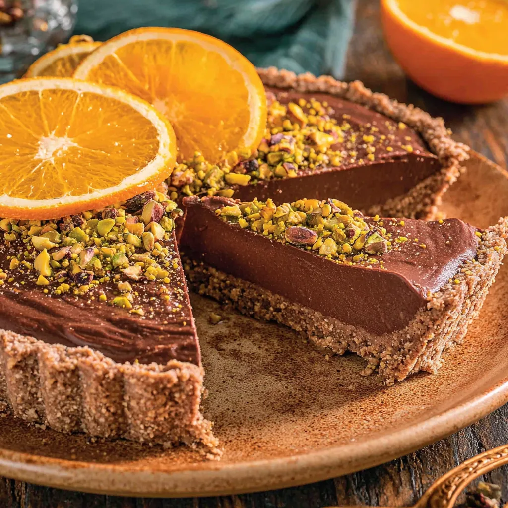 Chocolate Tart with Orange Marmalade and Pistachios