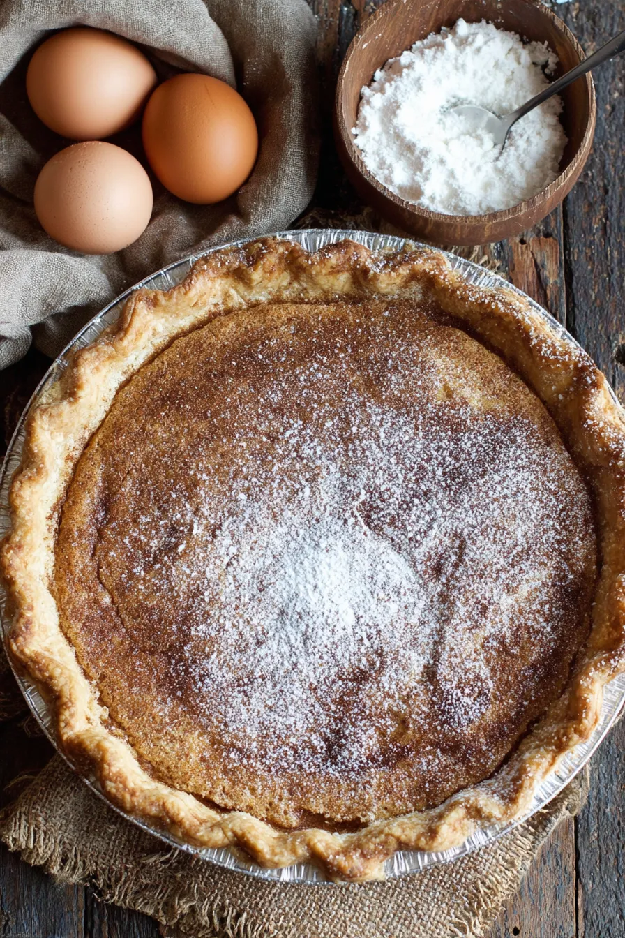 Slice of cinnamon pie dusted with powdered sugar