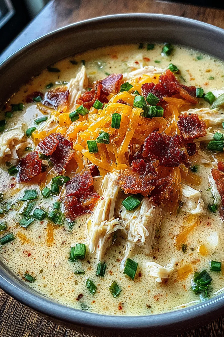 Creamy chicken bacon soup in bowl, garnished with chives and bacon