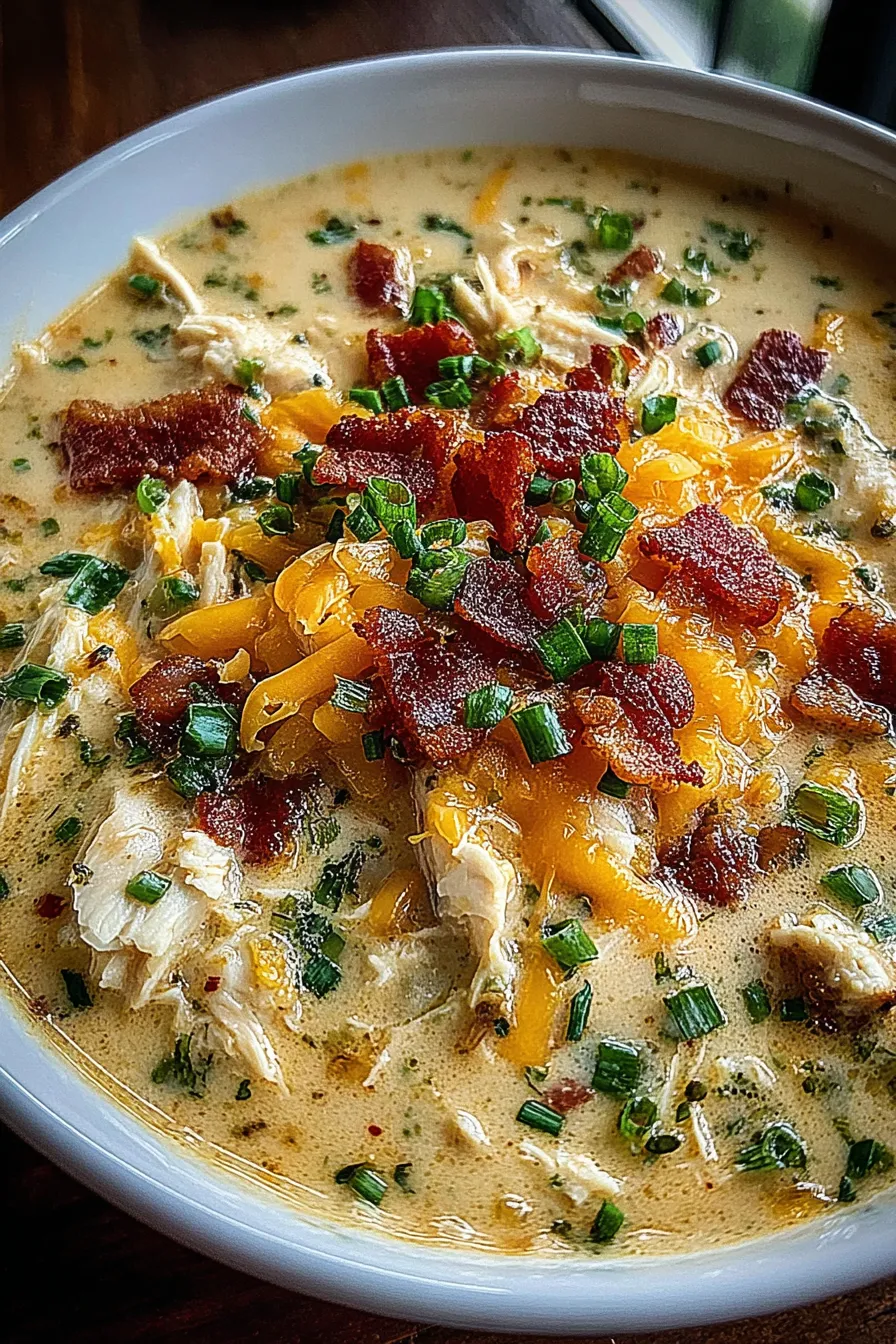 Close-up of spoonful of creamy cheesy soup with bacon