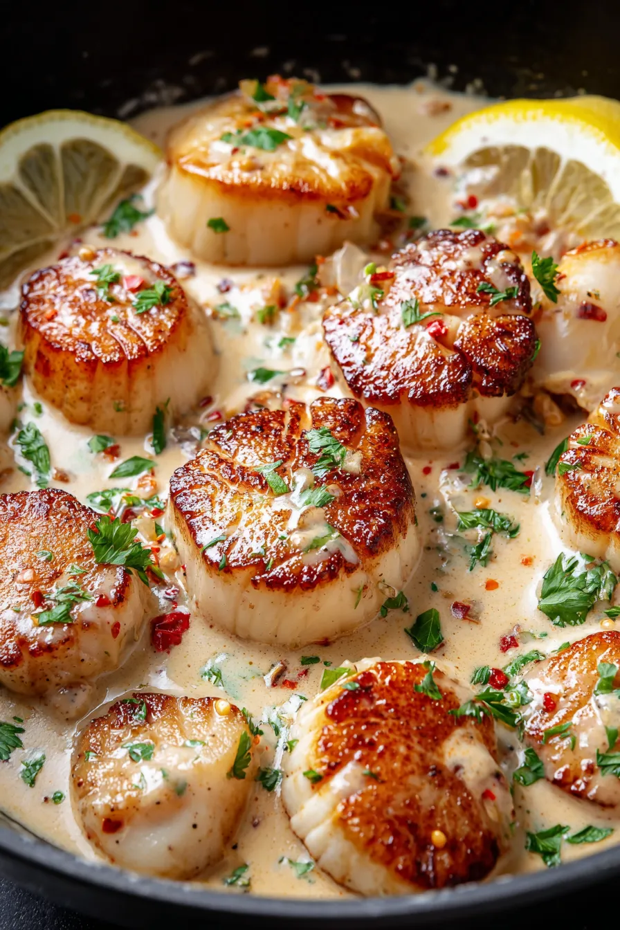 Seared scallops in spicy Cajun cream sauce sizzling in a skillet