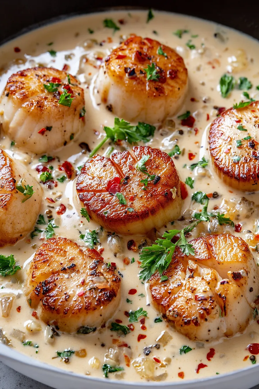 Finished plate of seared scallops with cream sauce garnished with parsley