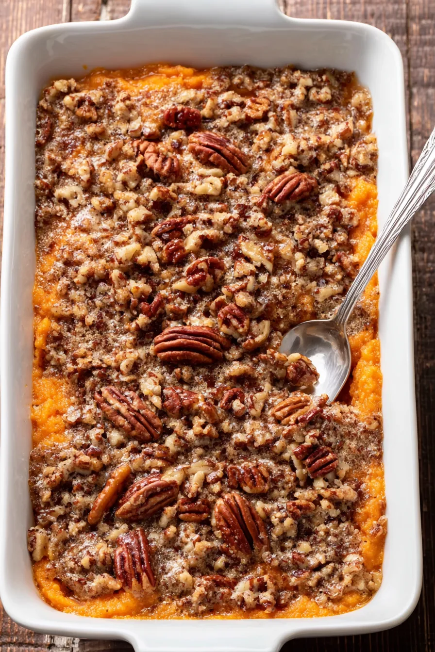 sweet potato casserole in baking dish with pecan topping