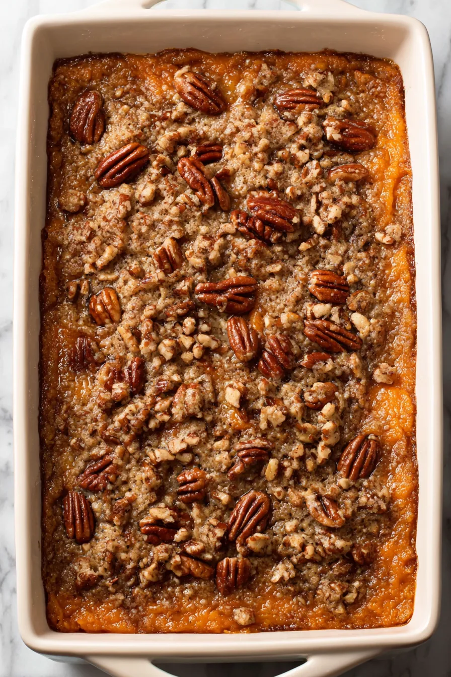 close up of pecan crumb topping on casserole