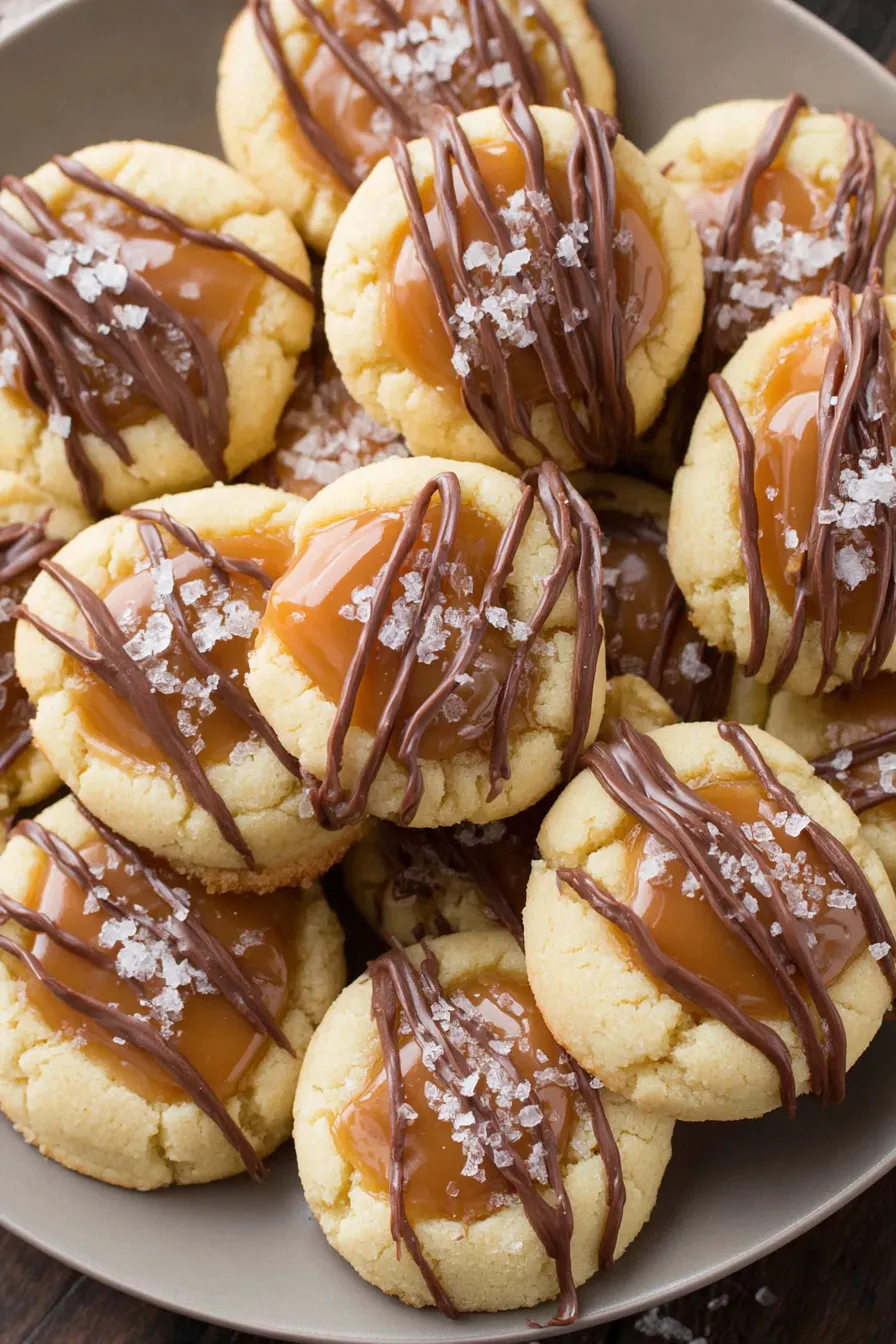 Batch of freshly baked Twix thumbprint cookies on a rack