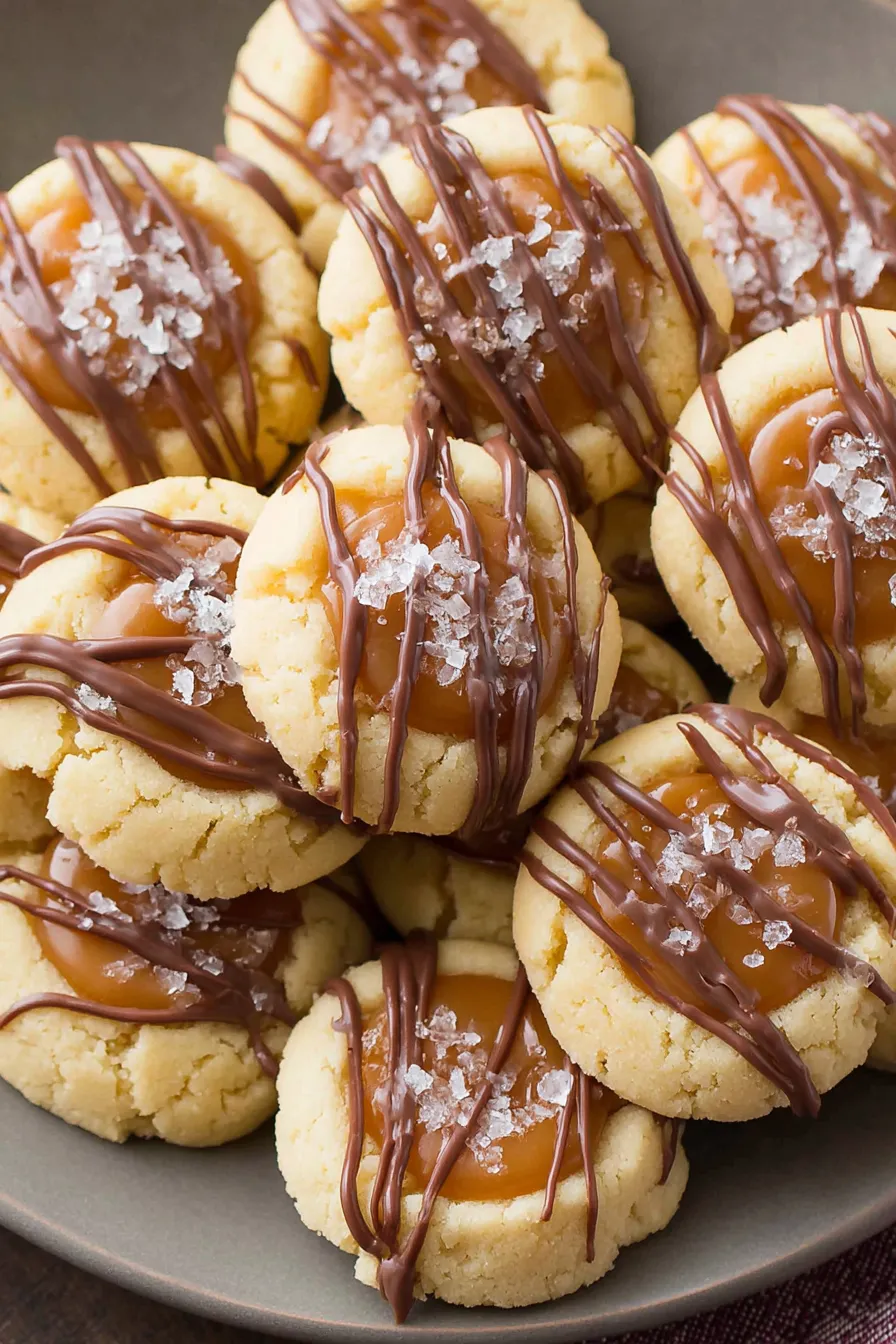 Close-up of caramel-filled thumbprint cookie with chocolate drizzle