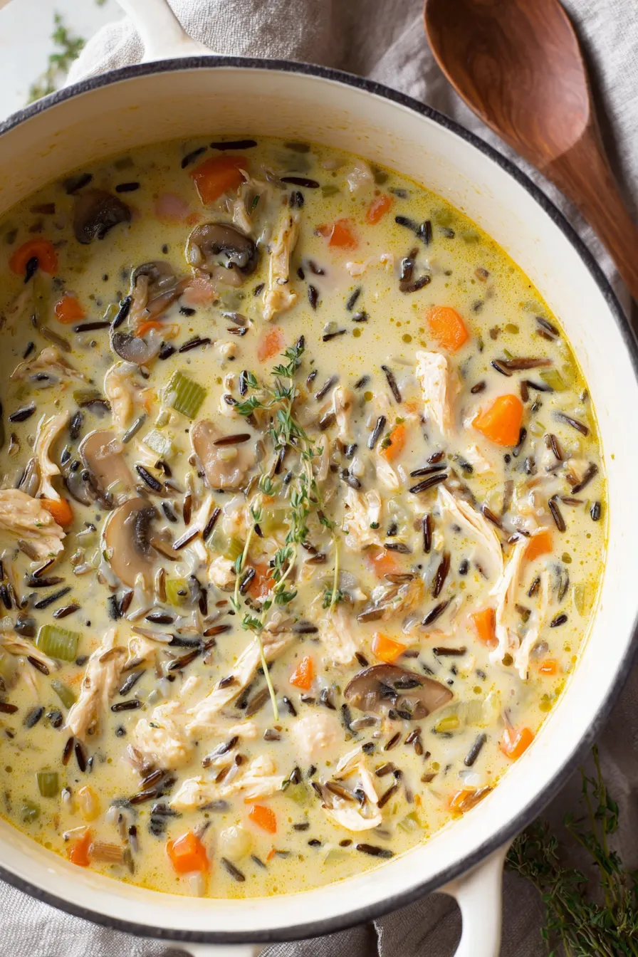 A ladle of leftover turkey wild rice soup