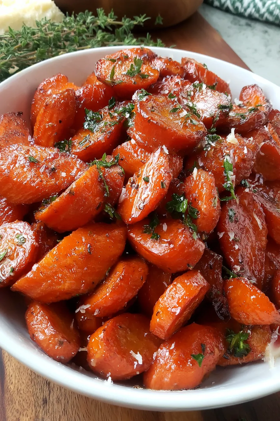 Glazed carrots plated with parsley garnish