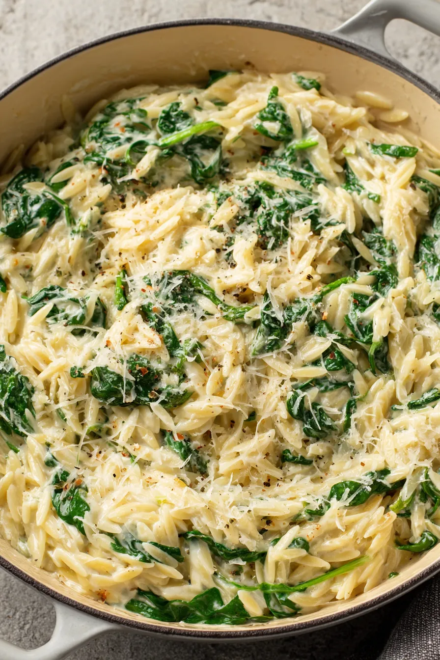 Creamy garlic spinach orzo in a white bowl