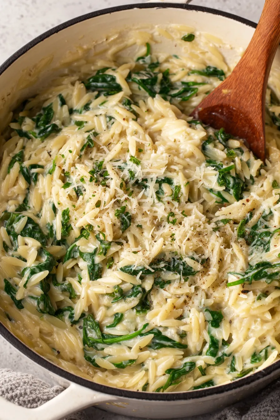 Close-up of orzo grains and wilted spinach