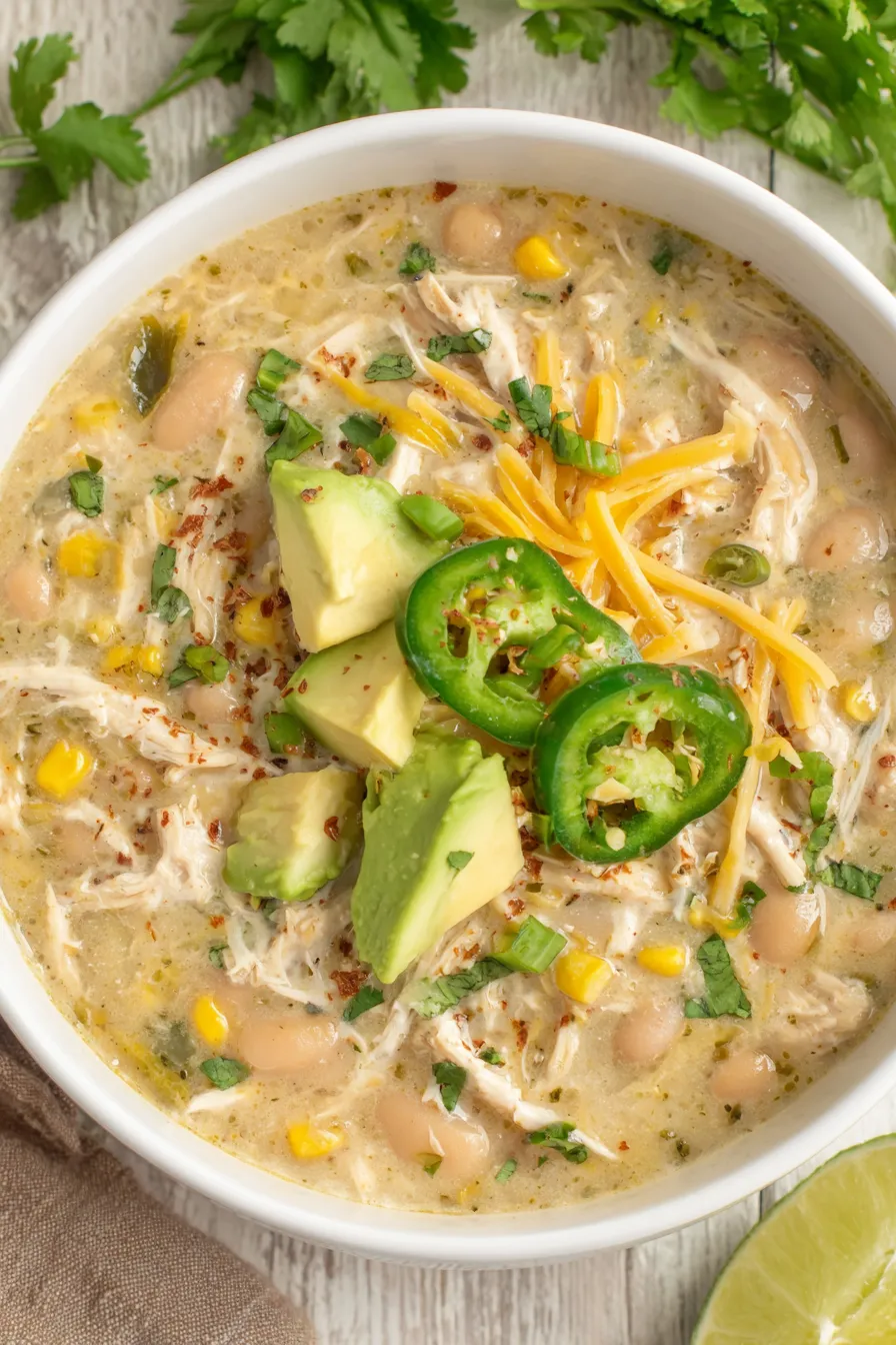Bowl of white bean turkey chili with toppings