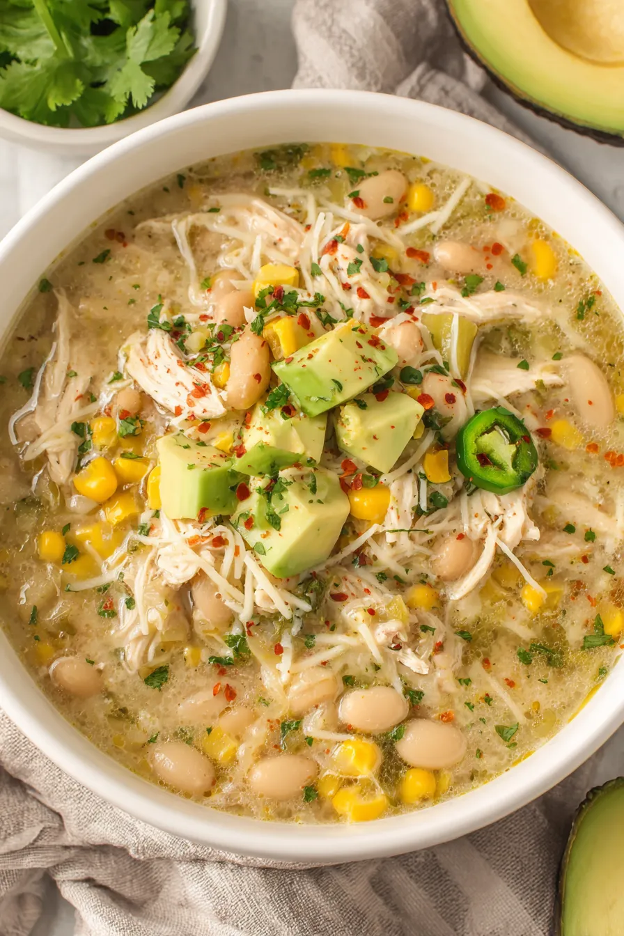 Close-up of chili with avocado and cilantro