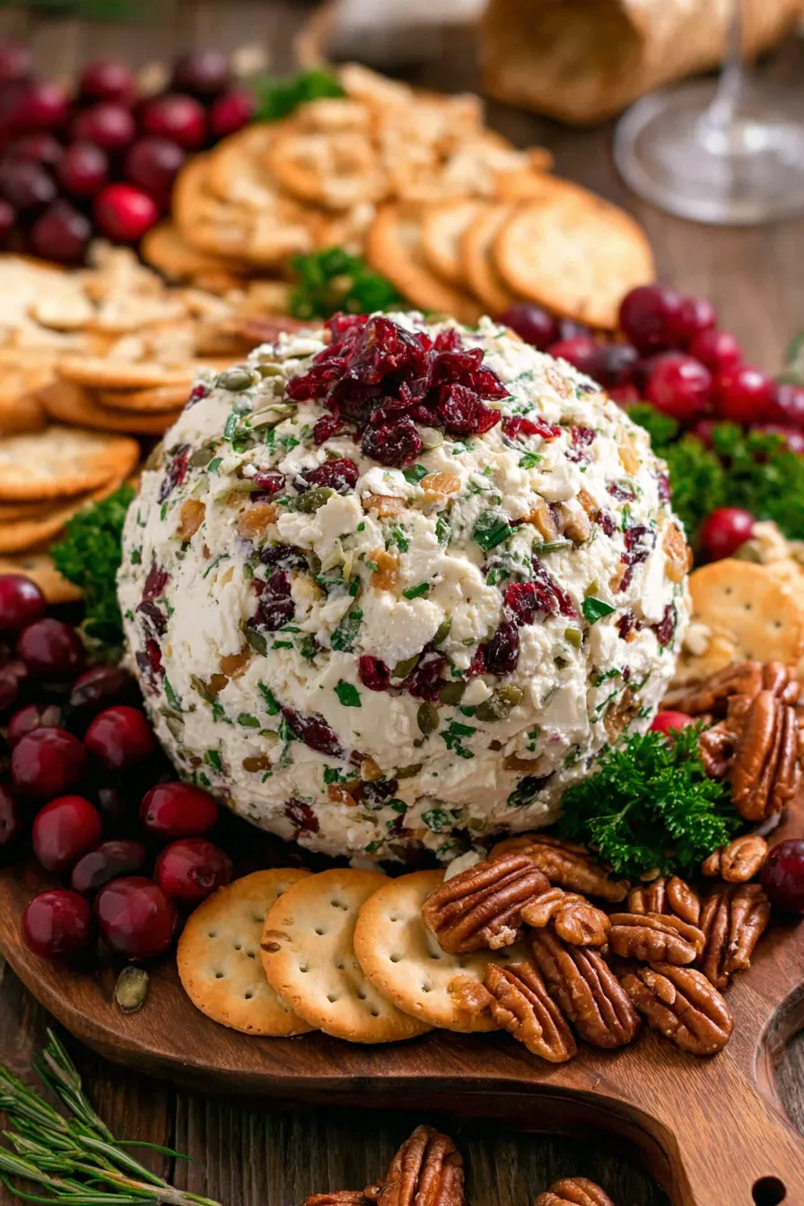 Cheese ball rolled in pecans and cranberries on a wooden board