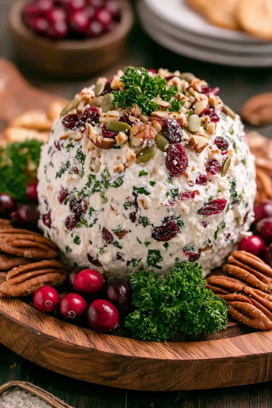 Close-up of a slice of cheese ball with crackers