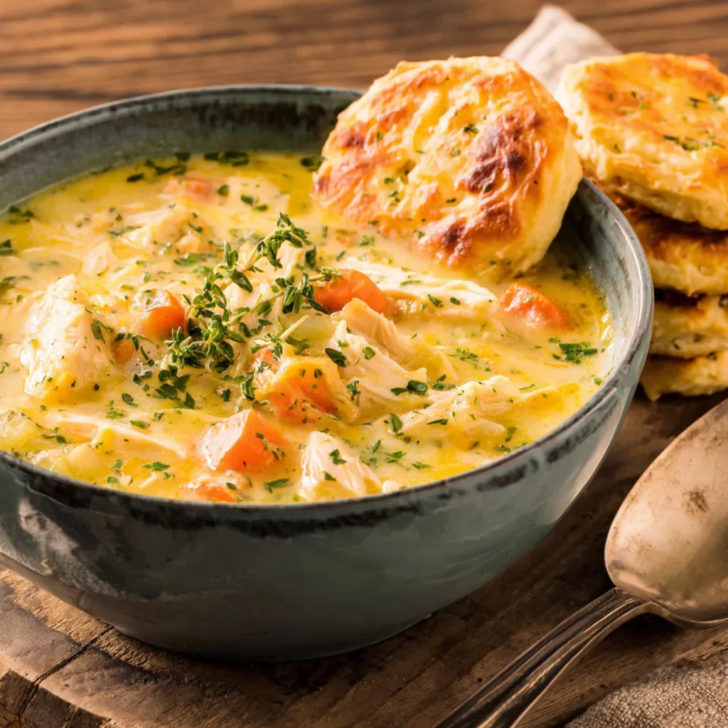 Chicken Pot Pie Soup with Cheddar Crust Dippers