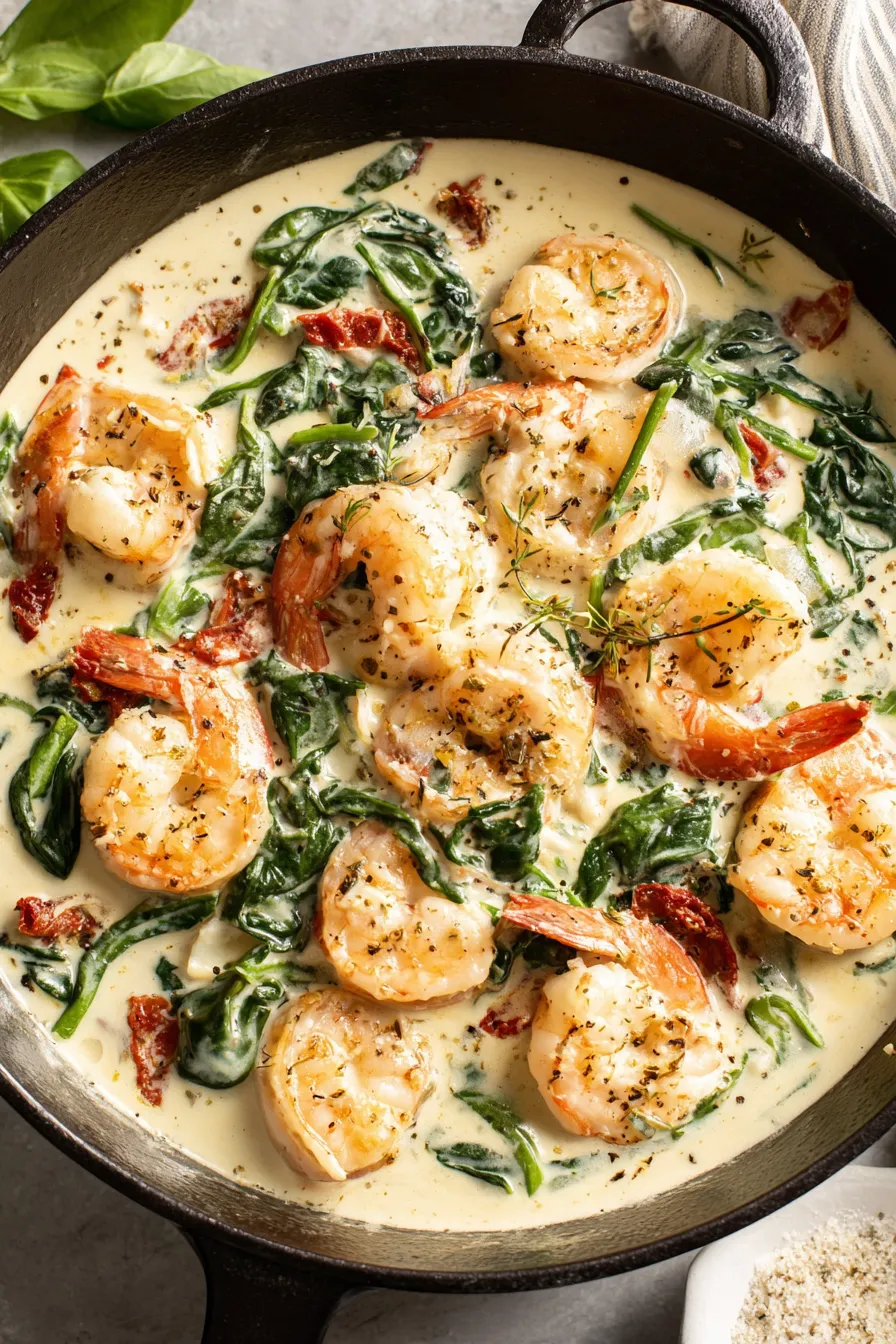 Creamy Tuscan Shrimp in skillet with sun-dried tomatoes
