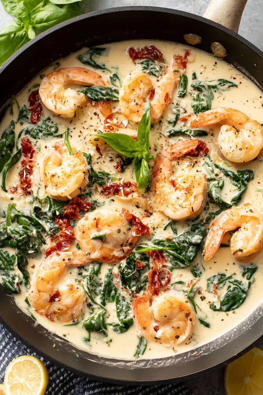 Plated creamy Tuscan shrimp over pasta with basil garnish