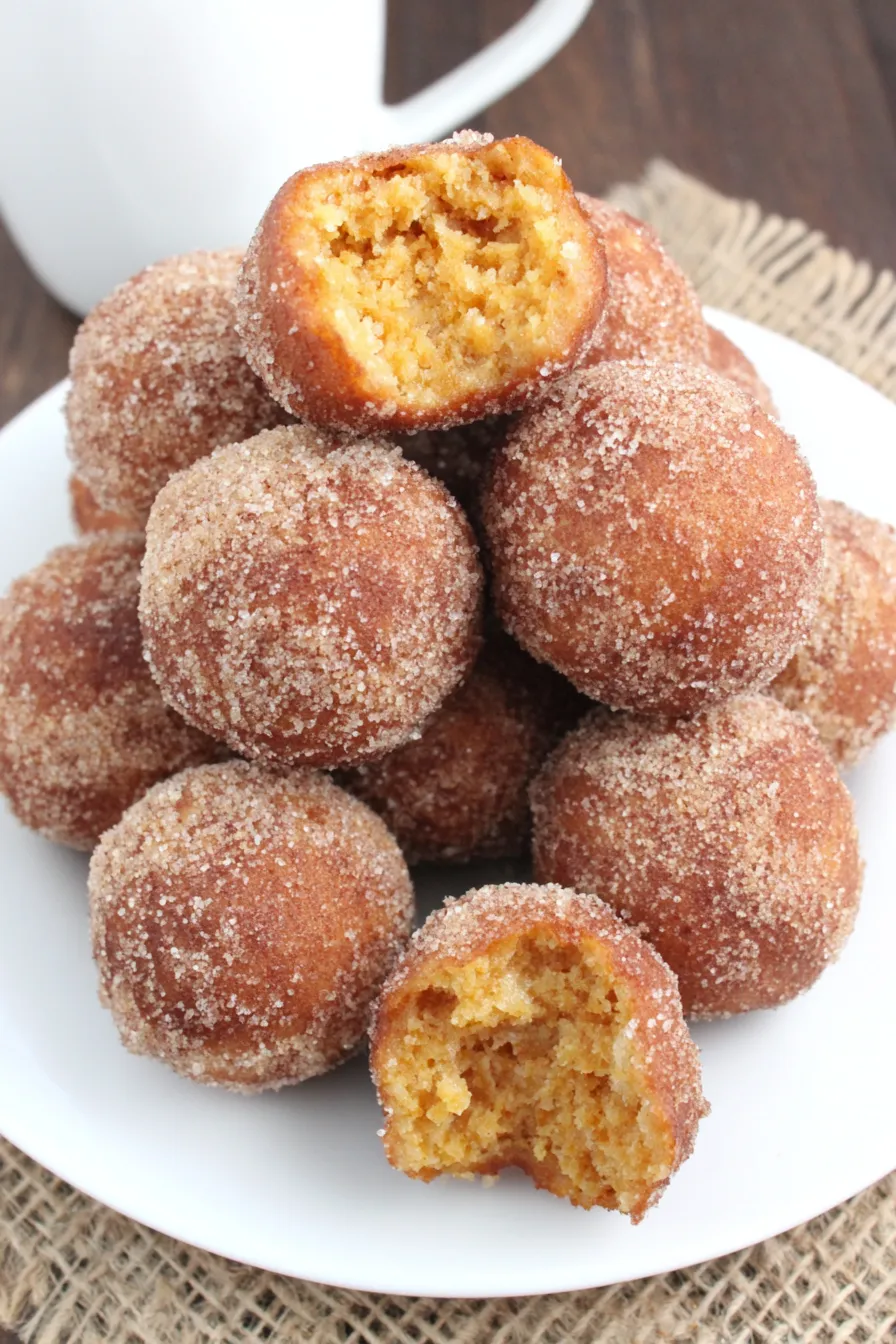 Fresh baked pumpkin donut holes in a tin