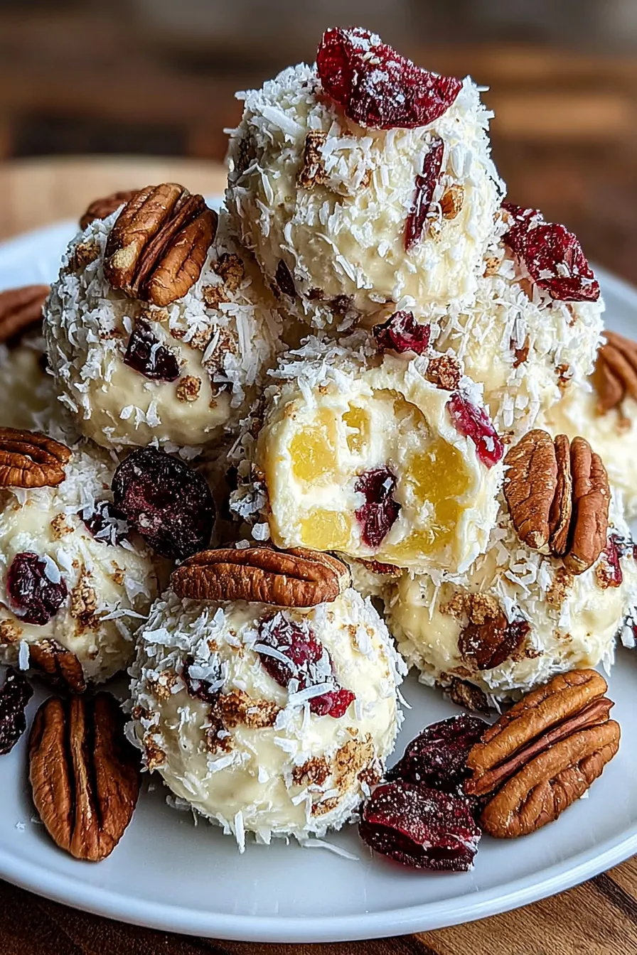 Mini pineapple cranberry cheese balls on serving platter
