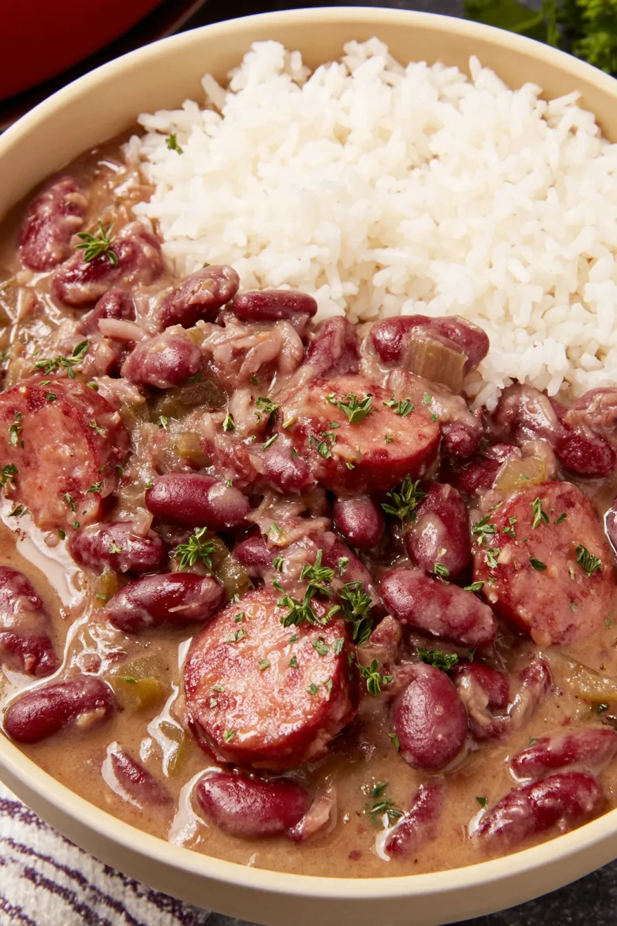A ladle of creamy red beans over steaming white rice