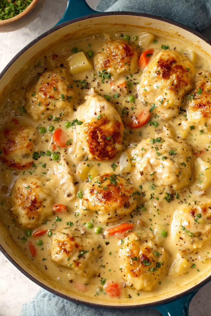 Bowl of chicken and dumplings steaming