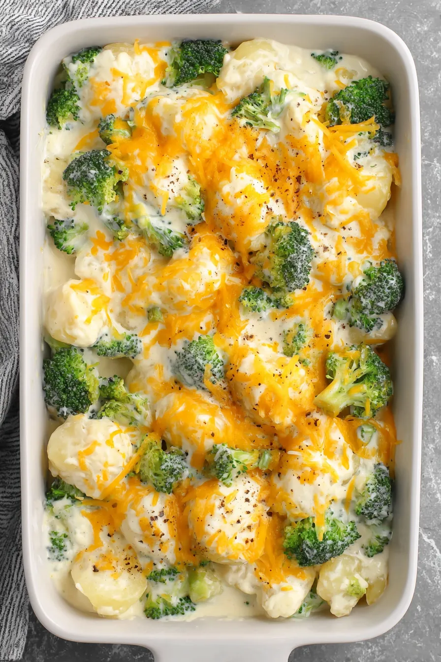 Serving suggestion potato broccoli casserole plated