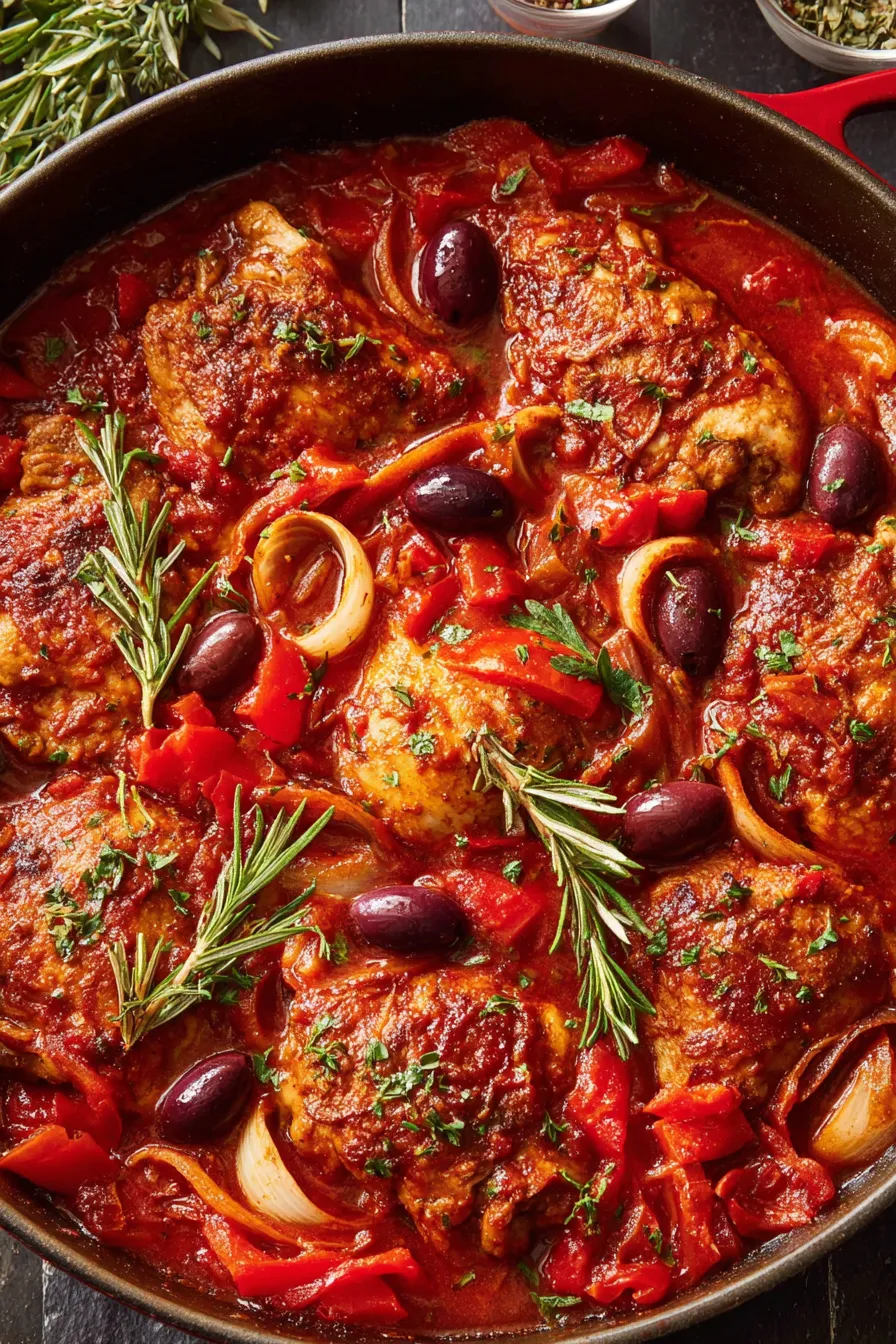 Braised chicken thighs in rich tomato and mushroom sauce