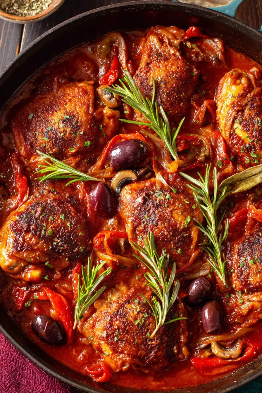 Close-up of chicken cacciatore served over mashed potatoes