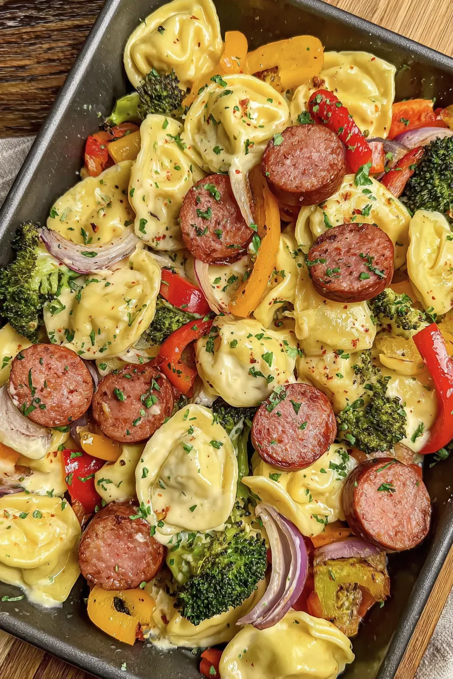 Golden pierogies and kielbasa on a sheet pan