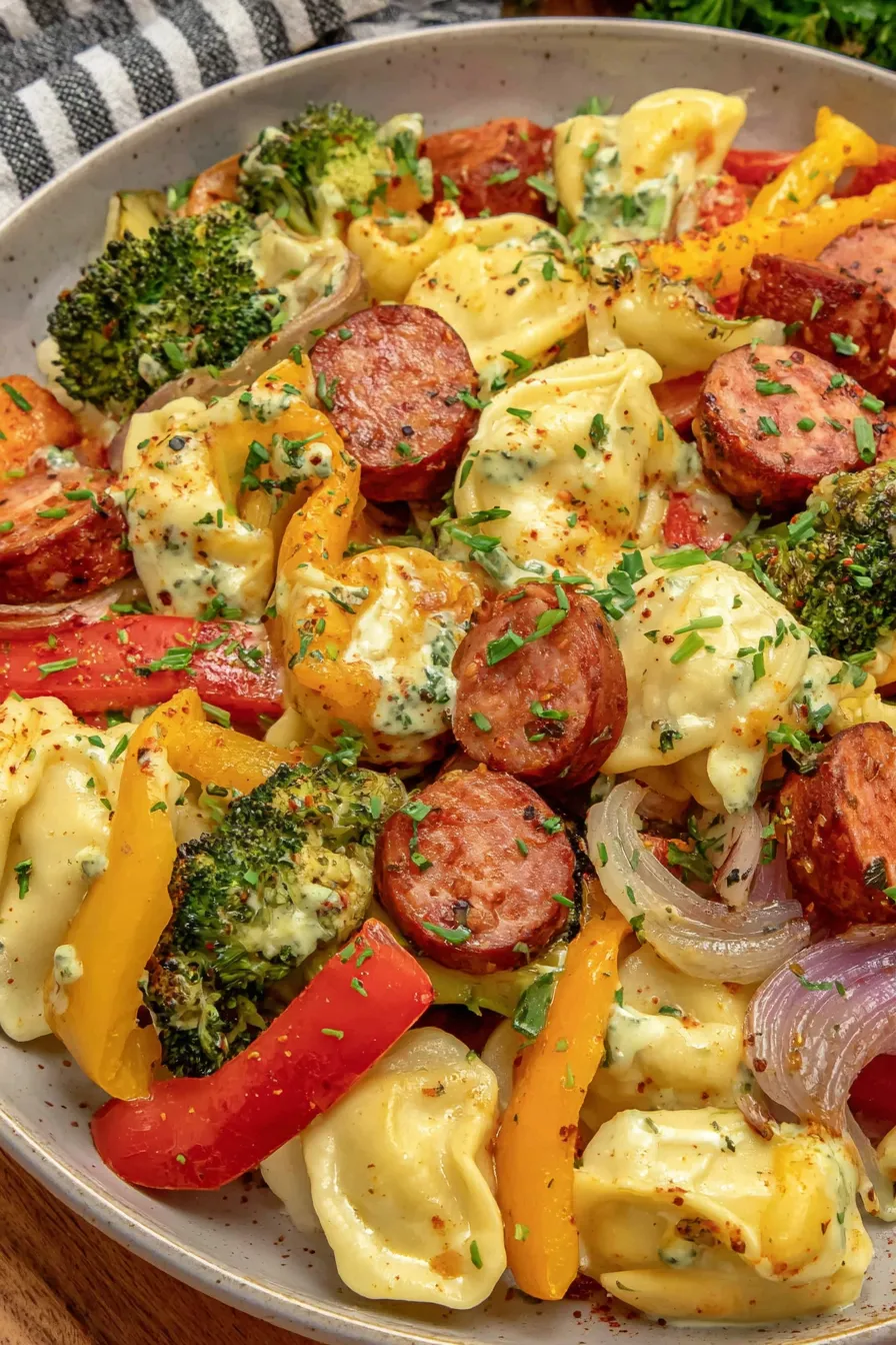 Close up of roasted pierogies with peppers and herbs