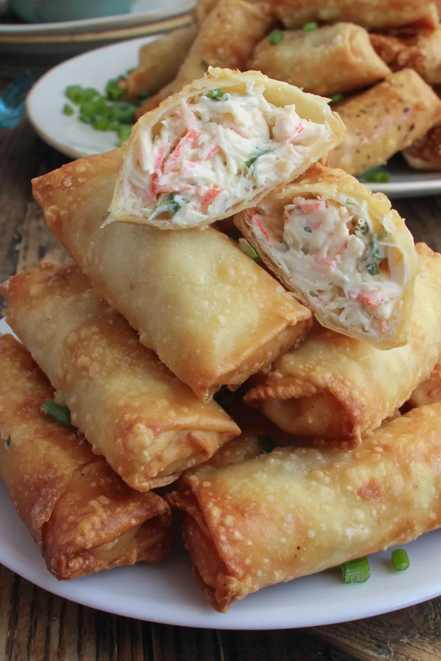 Close-up of golden Crab Rangoon egg rolls on a plate
