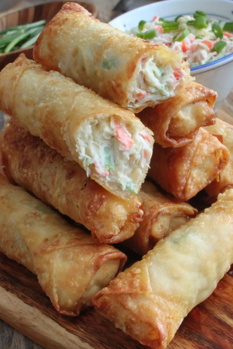 Assembly of crab and cream cheese filling on an egg roll wrapper