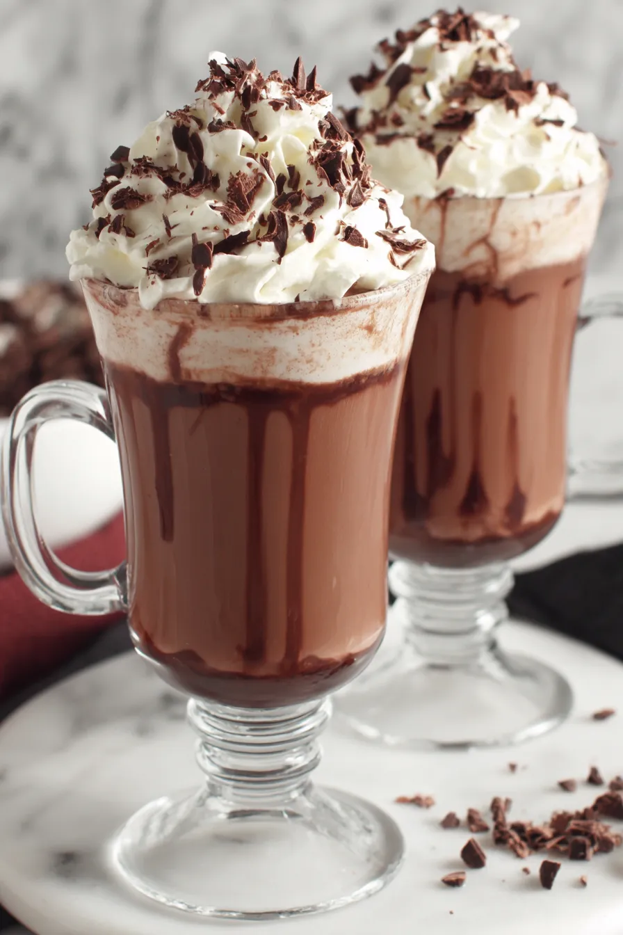 Mug of Baileys hot chocolate topped with whipped cream and chocolate shavings