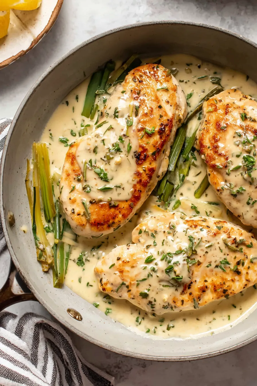 Pan-seared chicken with creamy leek sauce in skillet