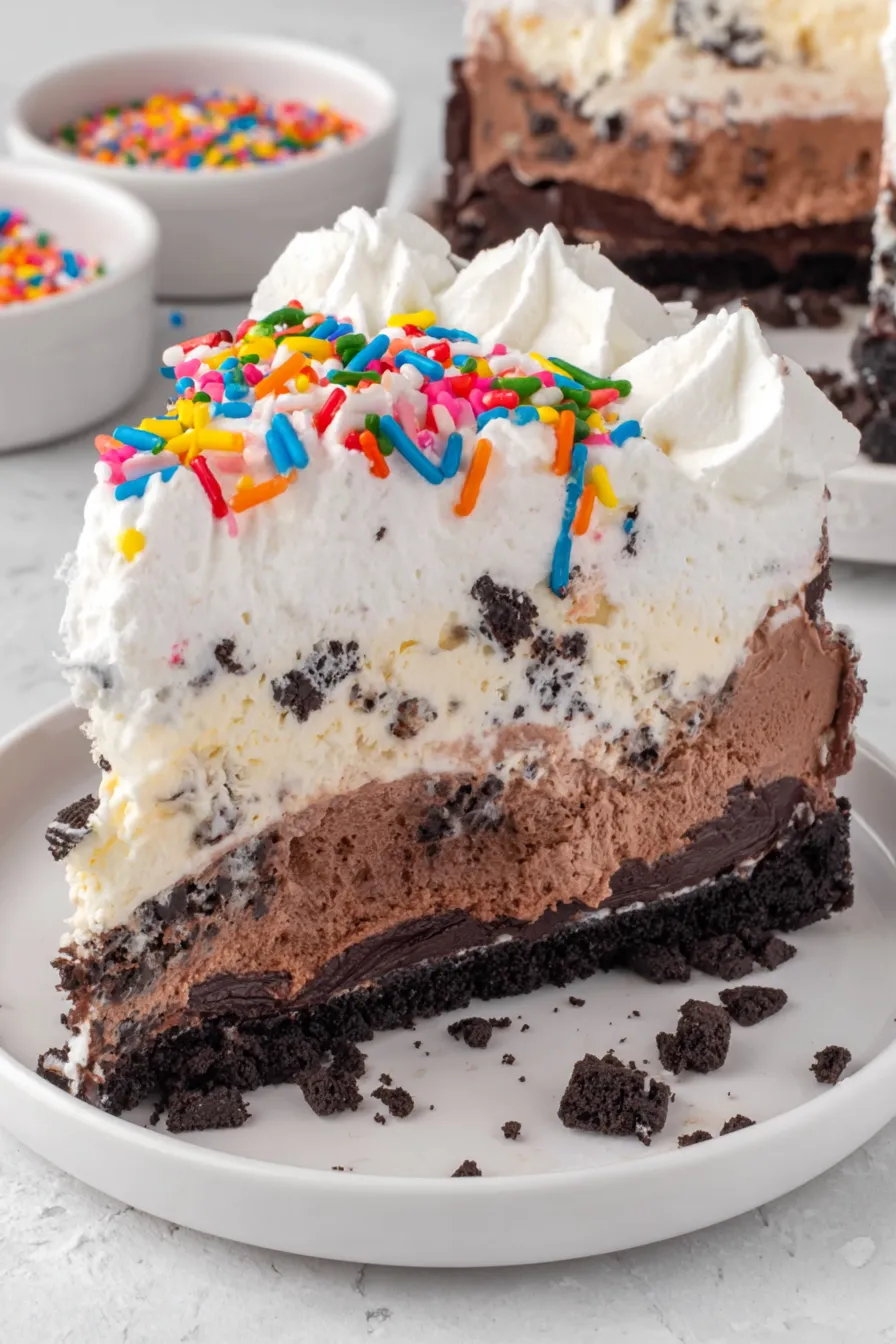 Ice cream cake cross-section showing fudge and cookie layers